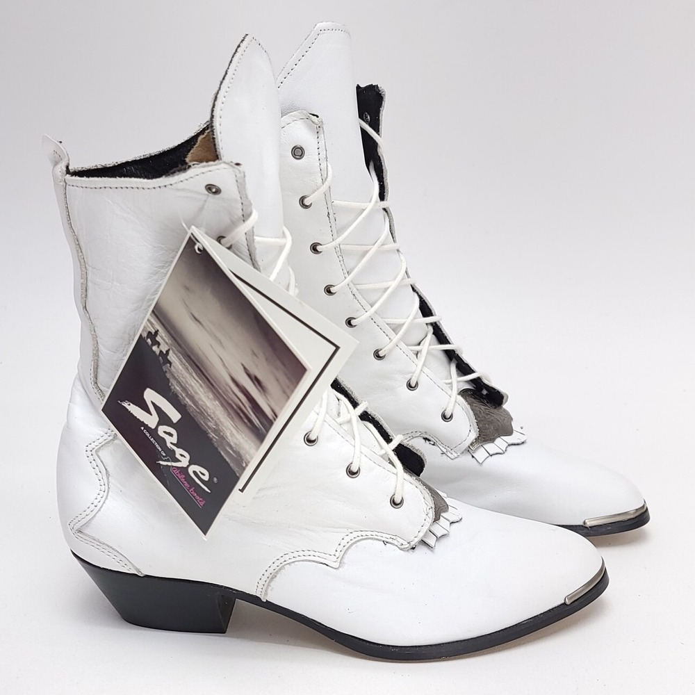 NEW‎ Vintage Sage Abilene White Leather Boots Size 7.5 M Cowgirl Western 3810